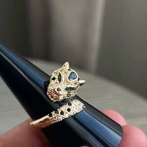 Adjustable Gold Jaguar Ring with Green, black and silver Gem